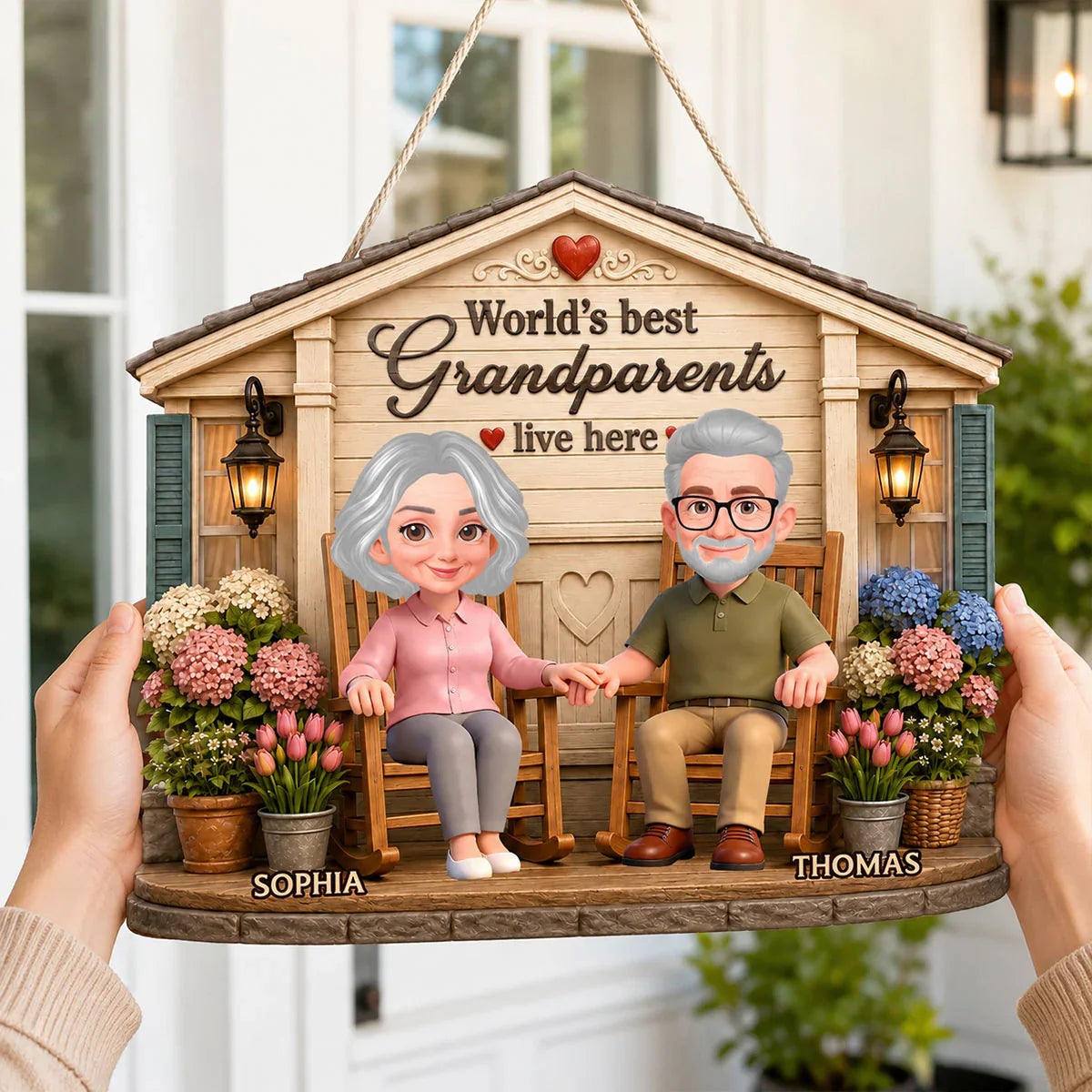 Custom Wooden Sign For Grandparents, Holding Hands Porch Scene, Creative Heartwarming Gift