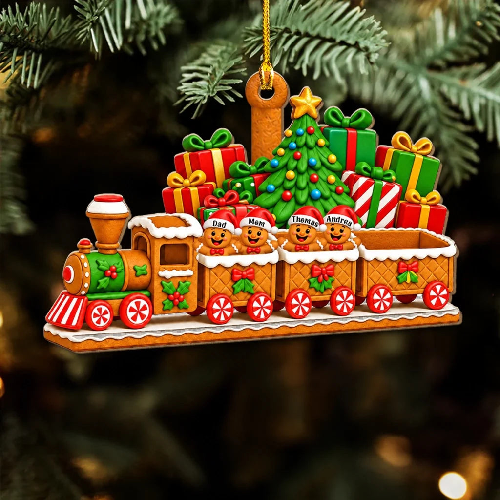 Personalized Acrylic Ornament, Gingerbread Family Riding a Colorful Train, Unique Christmas Gift for Family