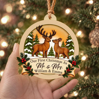 Personalized Wooden Ornament with Deer Facing Each Other in a Snowy Forest, Unique Christmas Gift for Newlyweds
