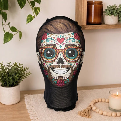 Personalized Mesh Print Balaclava Hat, Smiling Floral Sugar Skull, Creative Mexican Day of the Dead Gift for Him