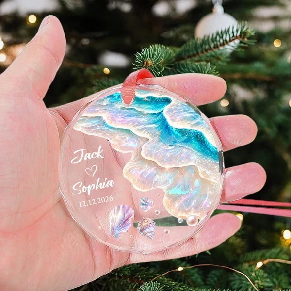Personalized Crystal Ornament, Iridescent Ocean Waves and Seashells for Christmas Tree, Unique Gift for Newlyweds