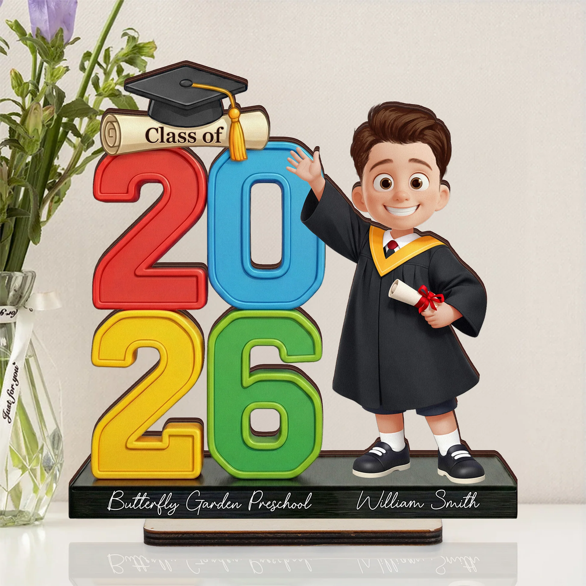 Personalized 2-Layer Wooden Plaque Graduation Boy Waving Class Display, Bright Modern Keepsake, Unique Gift