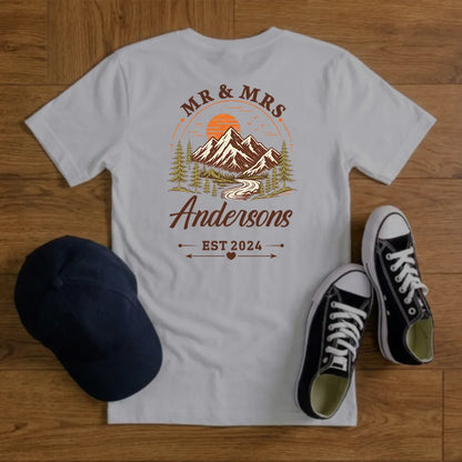 Personalized Dual Print Classic Tee, Mountain Sunset Couple Design, Unique Wedding Gift for Outdoor Lovers