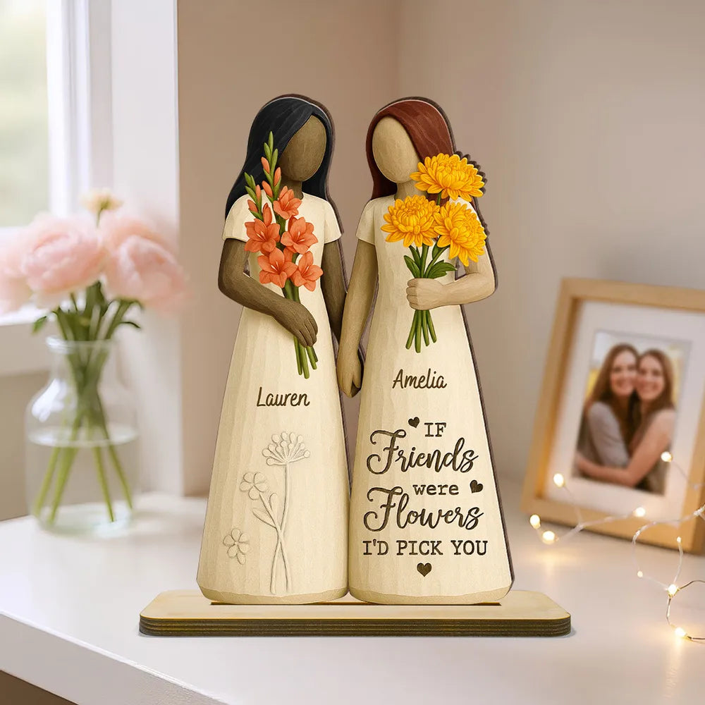 2-Layer Wooden Plaque for Best Friends – Hand-in-Hand figurine with flowers, cozy mantel décor and heartwarming keepsake, perfect gift to celebrate lifelong friendship