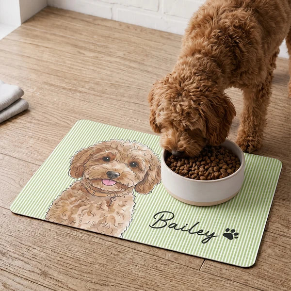 Custom Flannel Pet Mat with Watercolor Portrait for a Dog by Feeding Bowls, Creative Gift for Pet Owners