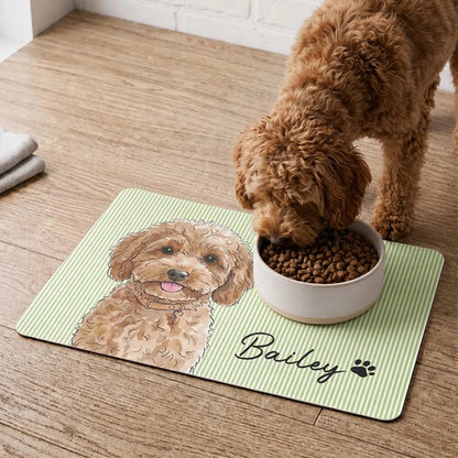 Custom Flannel Pet Mat with Watercolor Portrait for a Dog by Feeding Bowls, Creative Gift for Pet Owners
