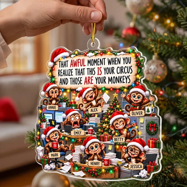 Personalized Acrylic Ornament, Chaotic Monkeys in a Festive Office, Unique Christmas Gift for Coworkers