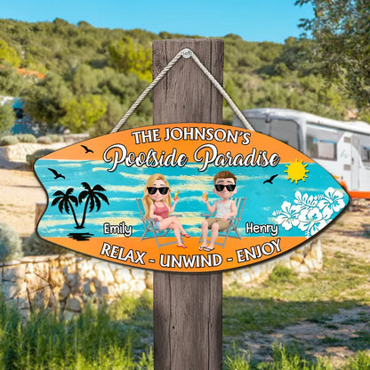 Poolside Paradise Wooden Sign, Personalized Sunny Beach Couple Illustration, Relax Unwind Enjoy, Creative Gift