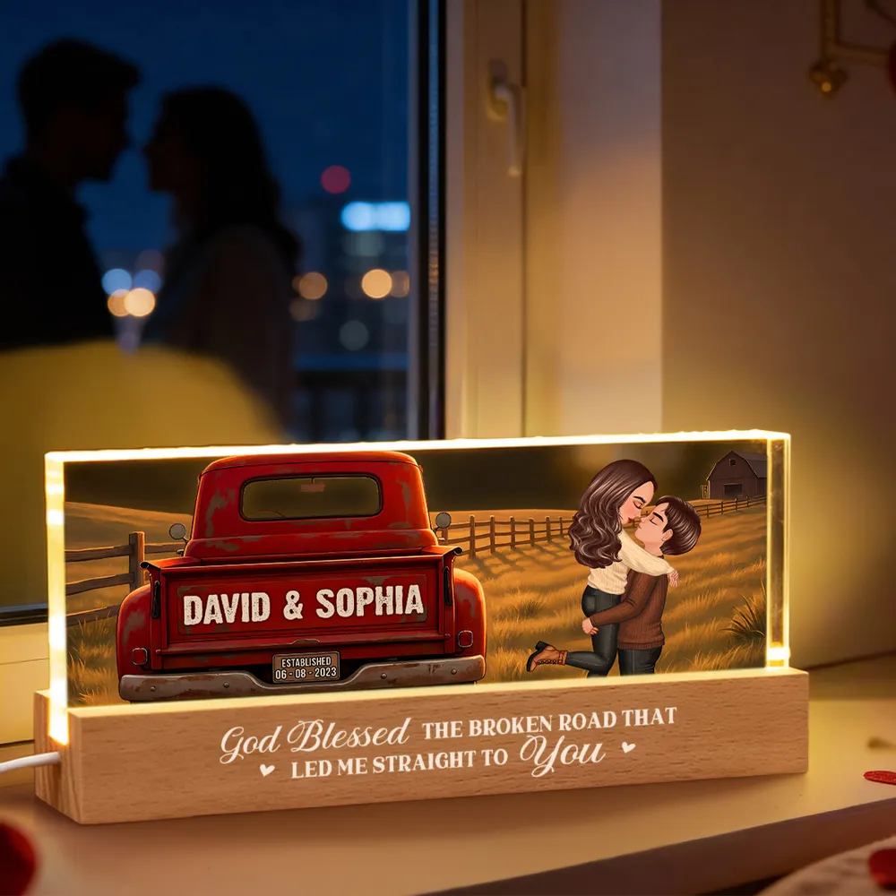 Personalized Block LED Light Plaque With Couple Kissing by a Red Truck, Rustic Sunset Scene, Unique Anniversary Gift