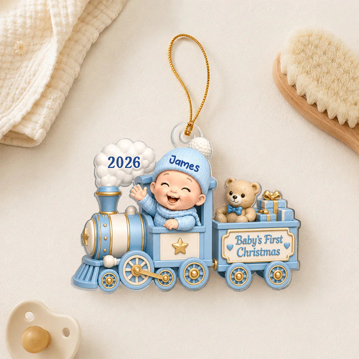 Personalized Acrylic Ornament, Waving Baby Toy Train First Christmas, Unique Gift for New Parents