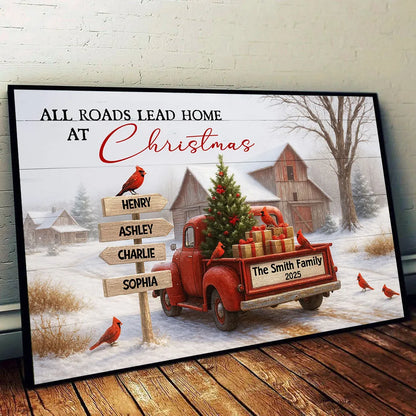 Rustic Christmas Family Poster with Custom Names, Vintage Red Truck and Winter Barn Scene