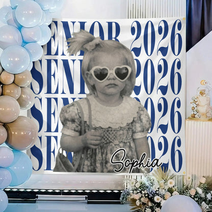 Personalized Graduation Backdrop Banner With Vintage Photo Look, Blue Class Celebration Decor, Unique Creative Gift