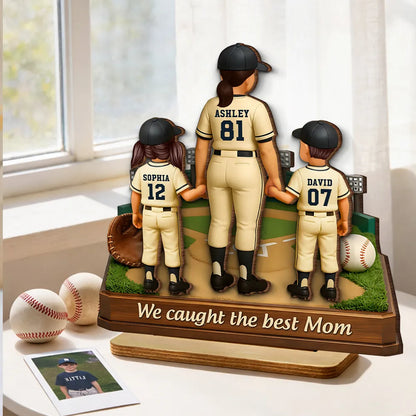 Personalized 2-Layer Wooden Plaque Baseball Mom with Kids Holding Hands, We Caught The Best Mom, Unique Gift for Mom