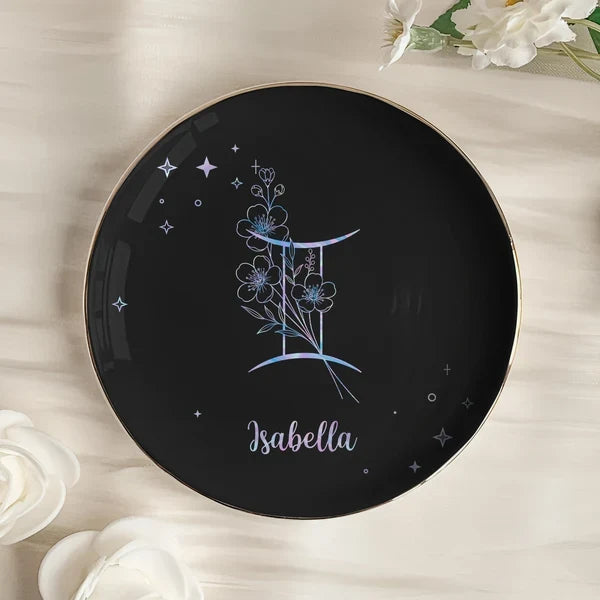Zodiac Birth Flower Jewelry Dish, Personalized Celestial Keepsake Tray, Meaningful Creative Gift for Her