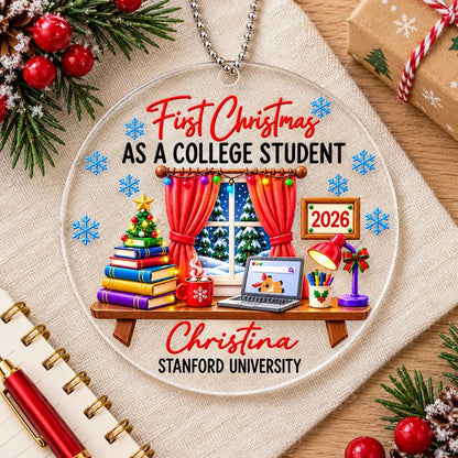 Personalized First Christmas as a College Student Acrylic Ornament, Colorful Study Nook Keepsake, Creative Gift for Students