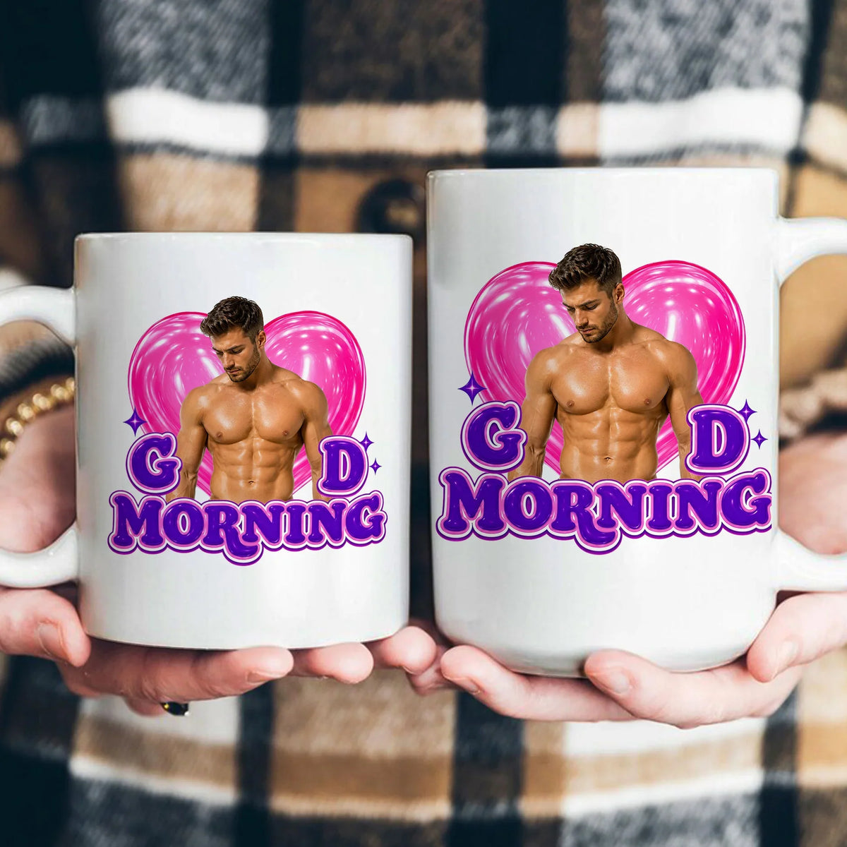 Personalized Funny Good Morning Ceramic Mug With Pink Heart & Muscle Man, Unique Creative Gift For Her