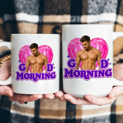 Personalized Funny Good Morning Ceramic Mug With Pink Heart & Muscle Man, Unique Creative Gift For Her