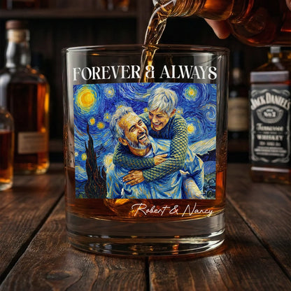 Personalized Whiskey Glass With Forever & Always Art, Unique Gift For Couple, Starry Blue Keepsake