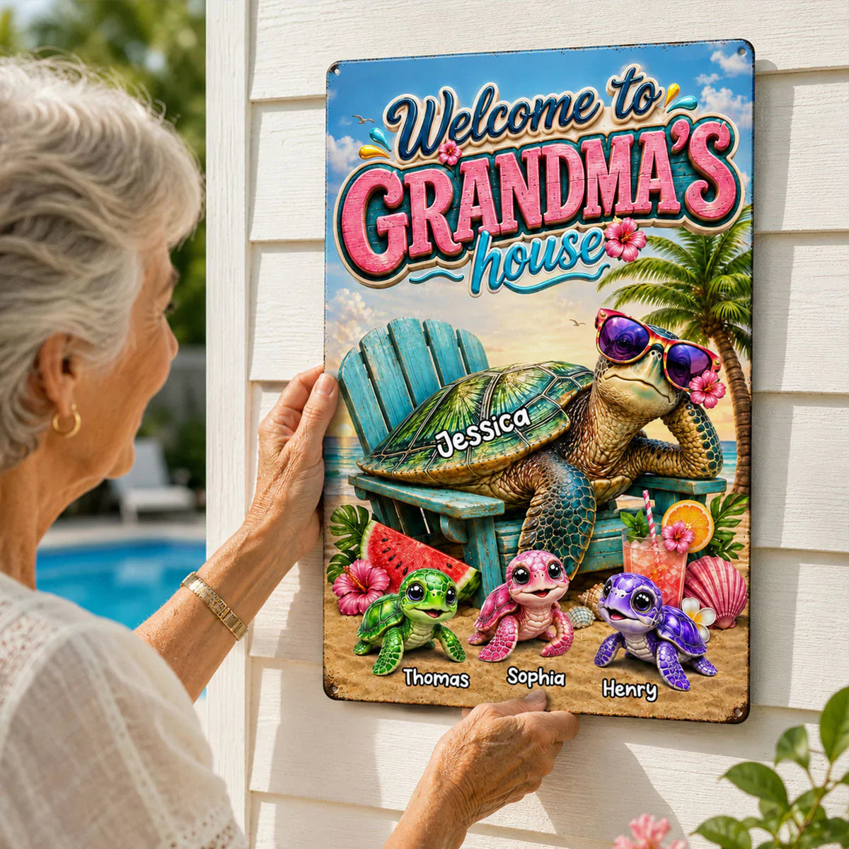 Rectangular Iron Sign for Grandma, Personalized Turtle Family Beach Scene, Creative Gift for Her