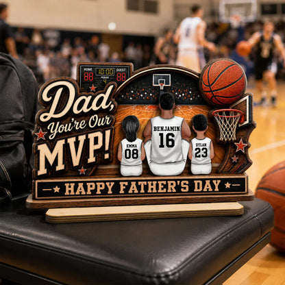 Dad You're Our MVP 2-Layer Wooden Plaque, Custom Basketball Court Keepsake, Creative Gift for Dad
