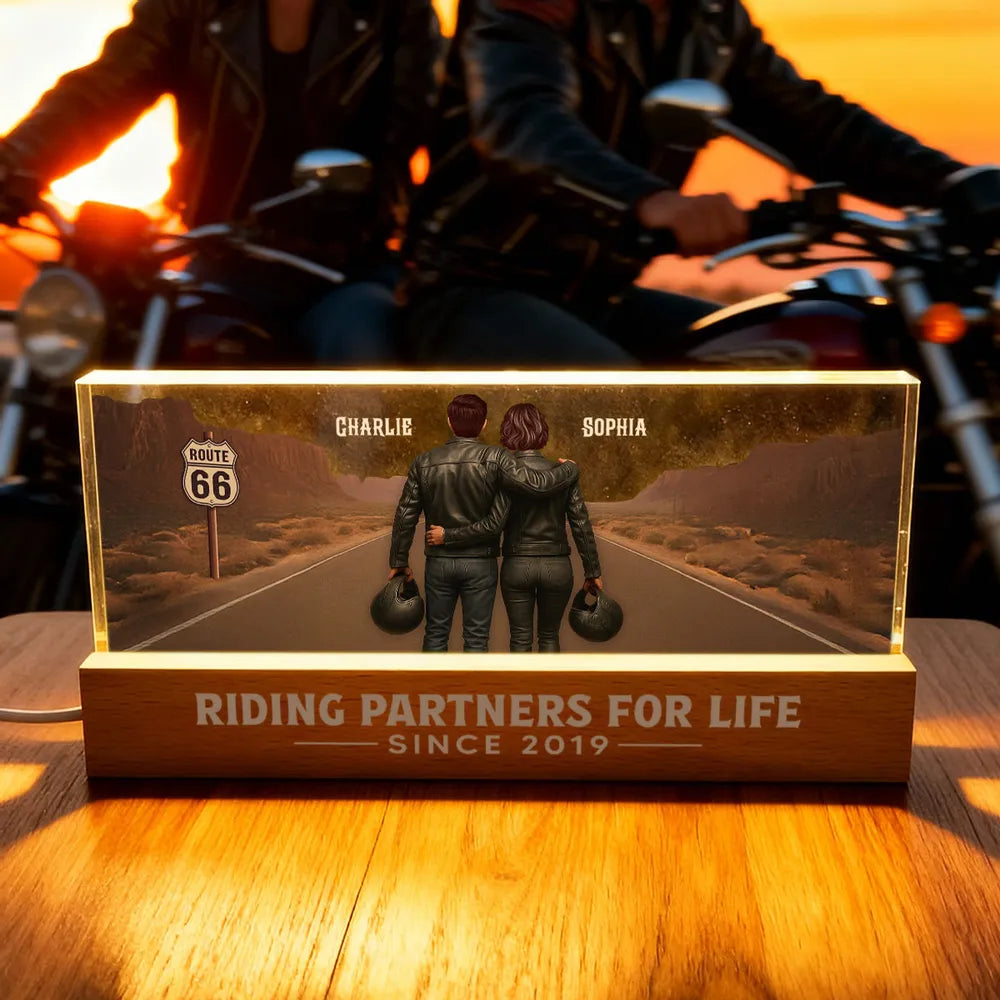 Personalized Block LED Light Plaque with Biker Couple Back View on Route 66, Warm Glow Bedroom Decor, Unique Gift for Couple