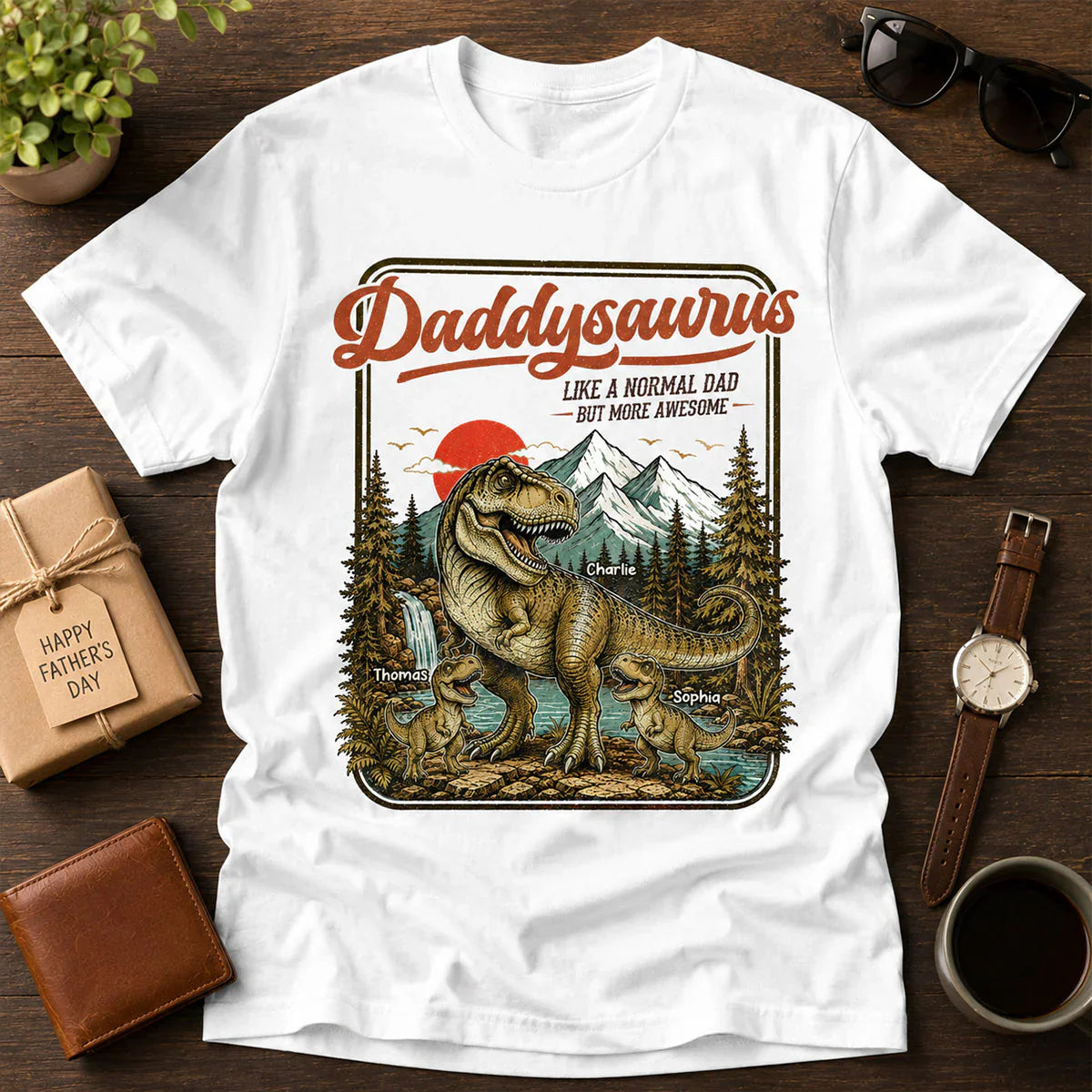 Personalized Daddysaurus Classic Tee, Retro Dinosaur Dad Art, Unique Gift for Dad or Husband