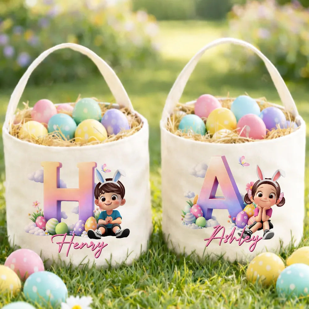 Personalized Polyester Basket Tote Easter Egg Hunt Bag With Cute Sitting Girl & Initial, Unique Gift For Kids