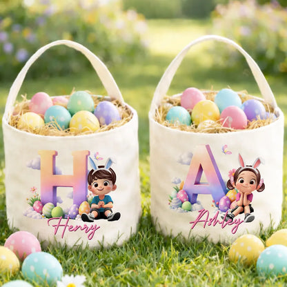 Personalized Polyester Basket Tote Easter Egg Hunt Bag With Cute Sitting Girl & Initial, Unique Gift For Kids