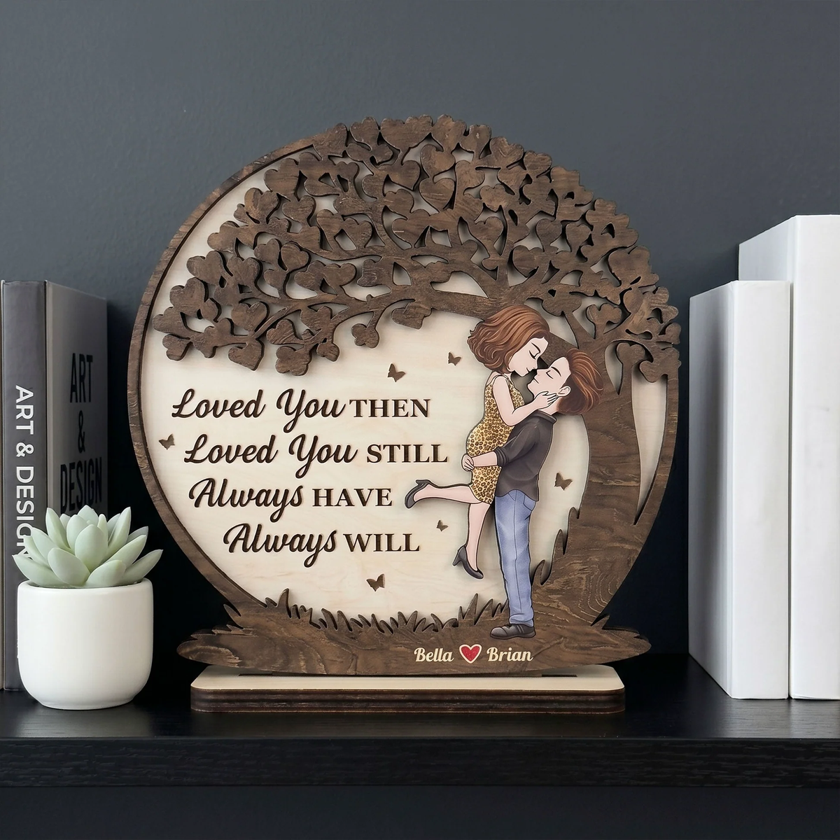 Personalized 2-Layer Wooden Plaque, Hugging Couple Heart Tree, Unique Anniversary Gift For Her