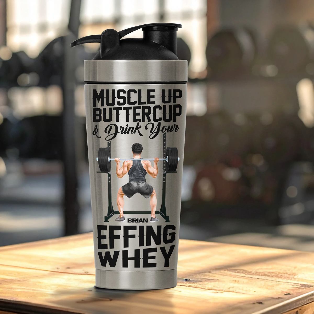 Stainless Steel Protein Shaker, Personalized Muscle Up Buttercup Quote - Unique Fitness Gift for Gym Lovers