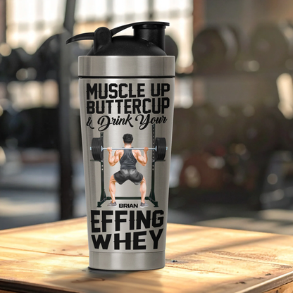 Stainless Steel Protein Shaker, Personalized Muscle Up Buttercup Quote - Unique Fitness Gift for Gym Lovers