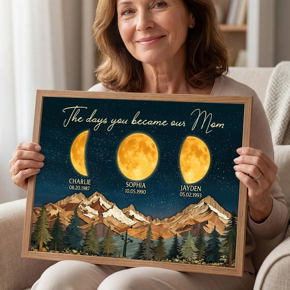 Personalized Moon Phase Mountain Night Sky Poster for Mom - The Day You Became Our Mom Wall Art, Unique Gift