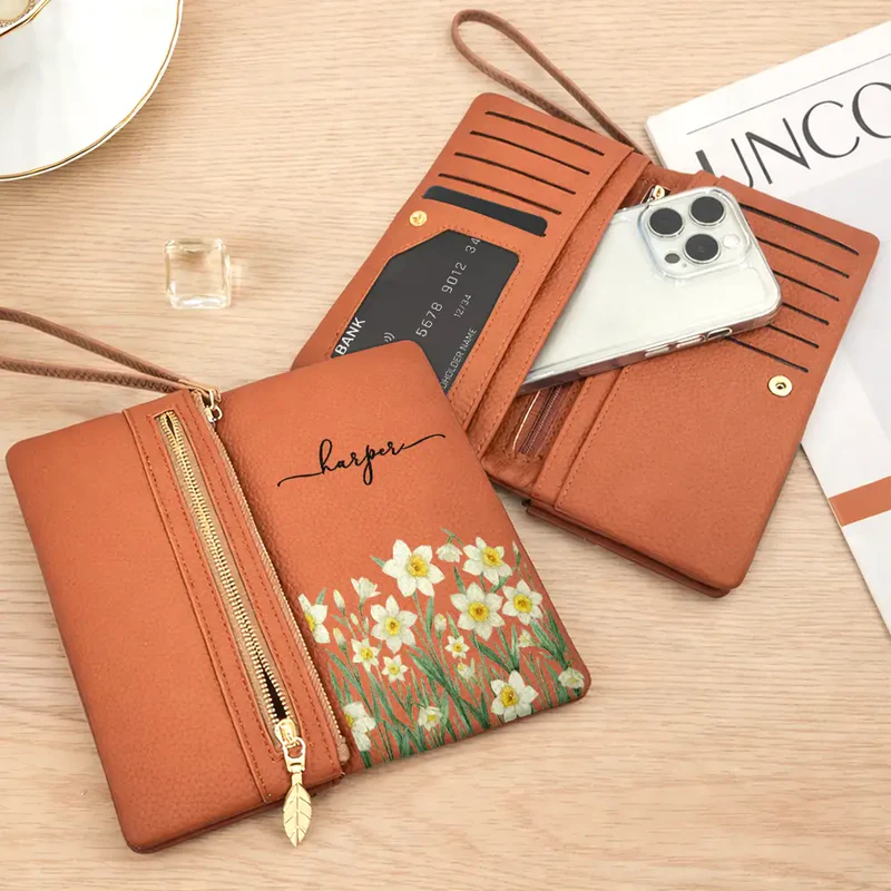 Blooming In Love Personalized Tri-Fold PU Leather Wristlet Wallet, Soft Pink Iris Wristlet, Thoughtful Gift for Her