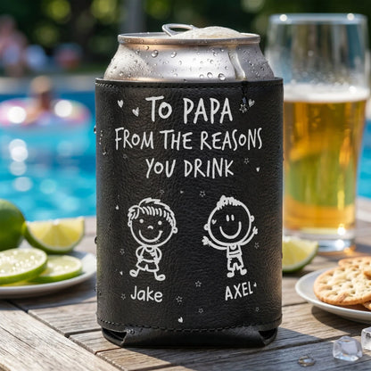 Personalized Leather Can Cooler for Dad, Smiling Kid Doodles, Unique Gift From His Little Crew