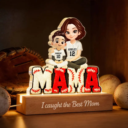 Block LED Light Plaque With Baseball Mama Hugging Kids, 'We Caught the Best Mom', Cozy Bedside Gift