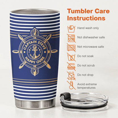 Insulated Travel Tumbler with Custom Captain Name, Navy Stripes Anchor Wheel, Thoughtful Gift for Boat Lovers
