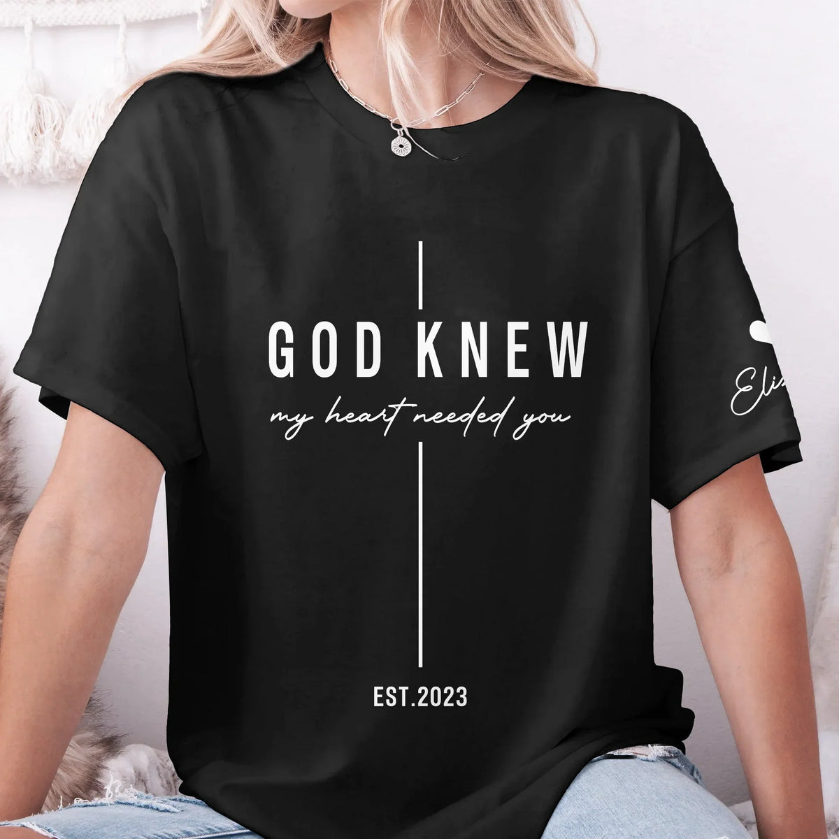Dual Print Classic Tee with God Knew My Heart Quote for Married Couple at Sunset, Creative Gift