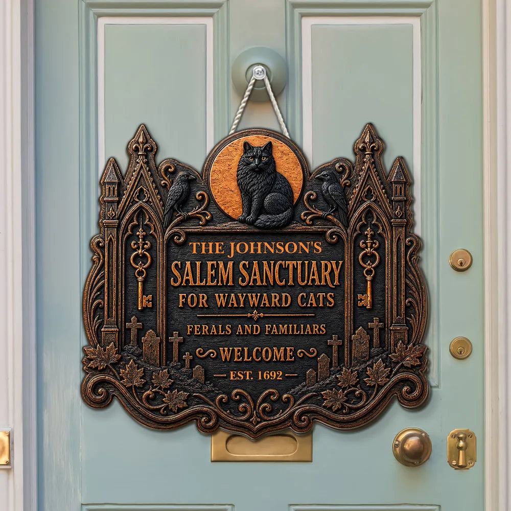 Wooden Sign with Black Cat and Ravens by a Haunted House, Personalized Welcome Decor, Creative Gift for Cat Owners