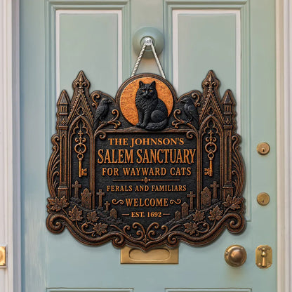 Wooden Sign with Black Cat and Ravens by a Haunted House, Personalized Welcome Decor, Creative Gift for Cat Owners