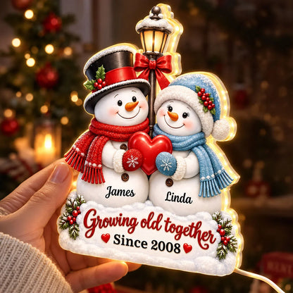 Personalized Growing Old Together Acrylic Light Box, Snowmen Holding a Heart, Creative Gift for a Partner