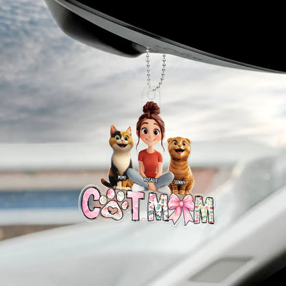 Cute Cartoon Cat Mom Acrylic Car Hanger, Personalized Rearview Mirror Decor for Cat Lovers, Unique Gift