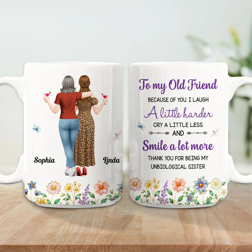 Personalized White Ceramic Mug With Old Friends & Floral Art, Unique Gift For Sister Friend