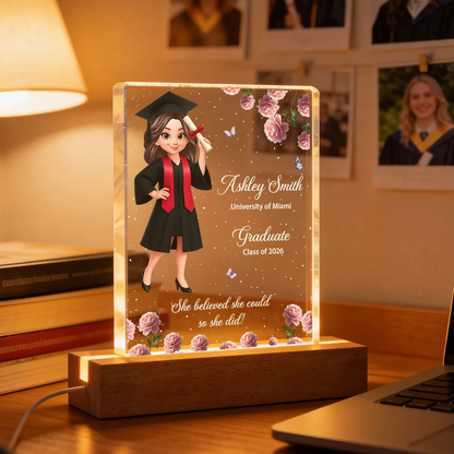 She Believed She Could Personalized LED Light Plaque, Cute Graduation Cap Design Nightstand Decor, Creative Gift