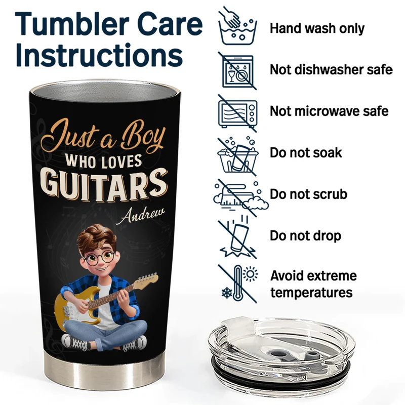 Personalized Insulated Travel Tumbler Just a Boy Who Loves Guitars, Custom Name Gift for Guitar Lovers