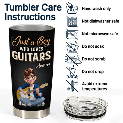 Personalized Insulated Travel Tumbler Just a Boy Who Loves Guitars, Custom Name Gift for Guitar Lovers