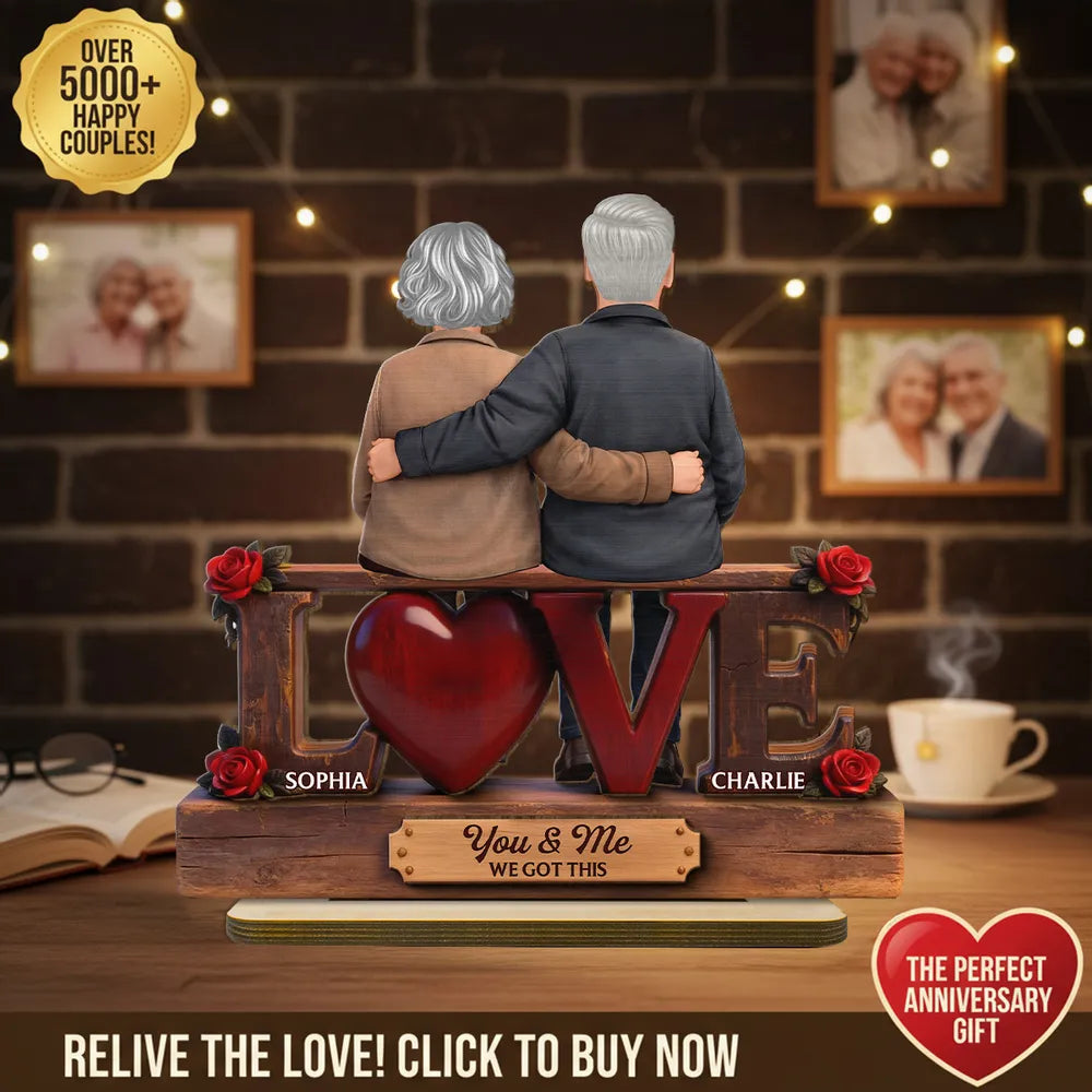 Personalized 2-Layer Wooden Plaque LOVE Couple Hugging Back View, Heartwarming Living Room Display, Unique Gift For Him & Her