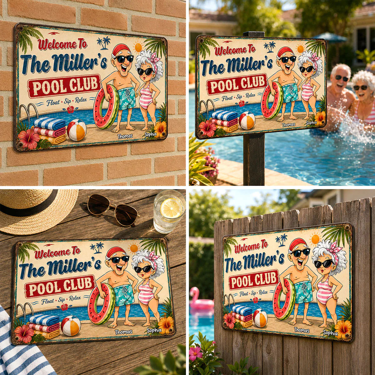 Personalized Rectangular Iron Sign, Poolside Couple Cartoon, Creative Gift for Pool Loving Couples