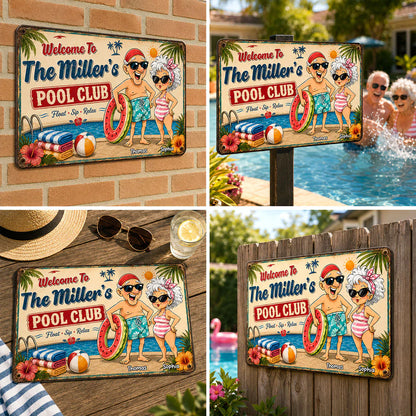 Personalized Rectangular Iron Sign, Poolside Couple Cartoon, Creative Gift for Pool Loving Couples