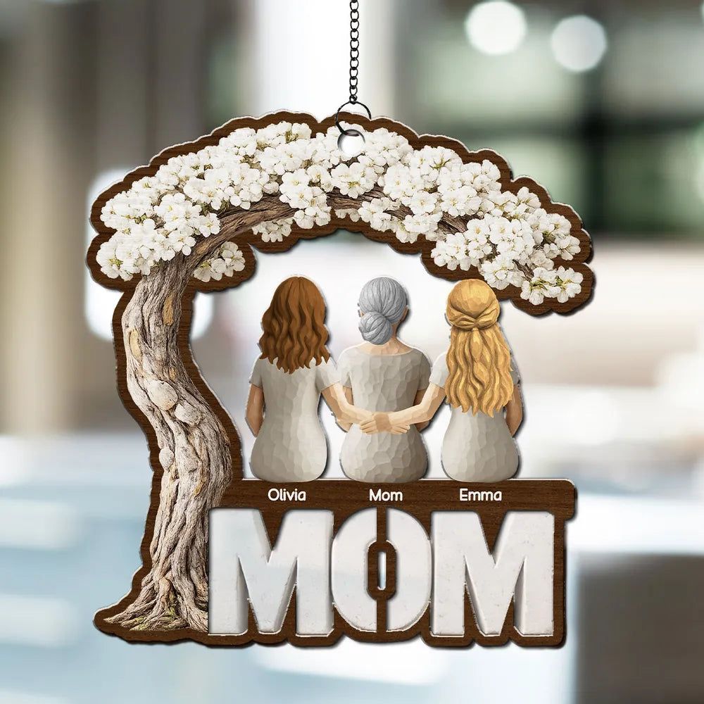 Personalized Wood and Acrylic Layered Ornament for Mom, Back View Family Under Blossom Tree, Unique Gift for Her