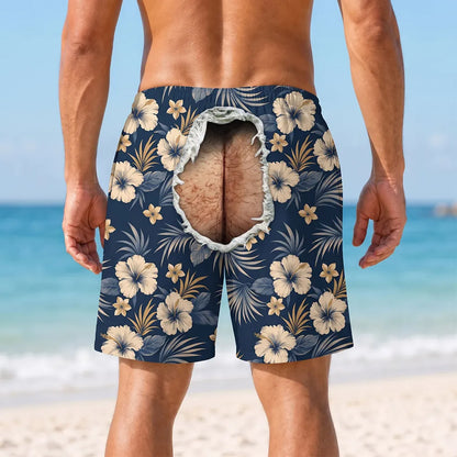Men's Beach Shorts with Custom Tropical Butt Crack Design, Creative Gift for Guys & Matching Friends